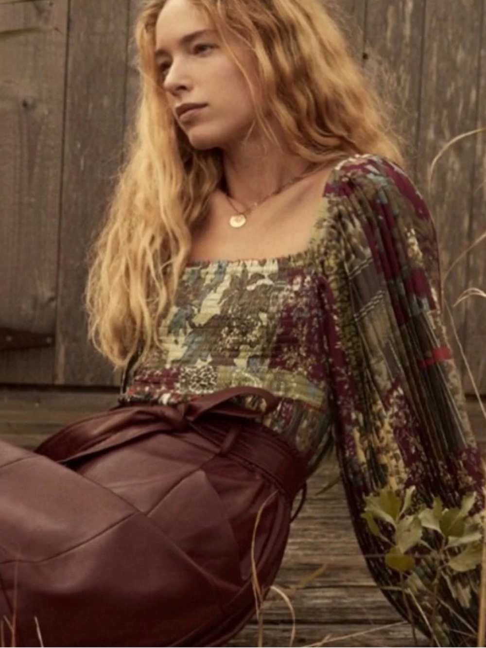Anthropologie Multicolor Smocked Peasant Blouse in Burgundy & Olive